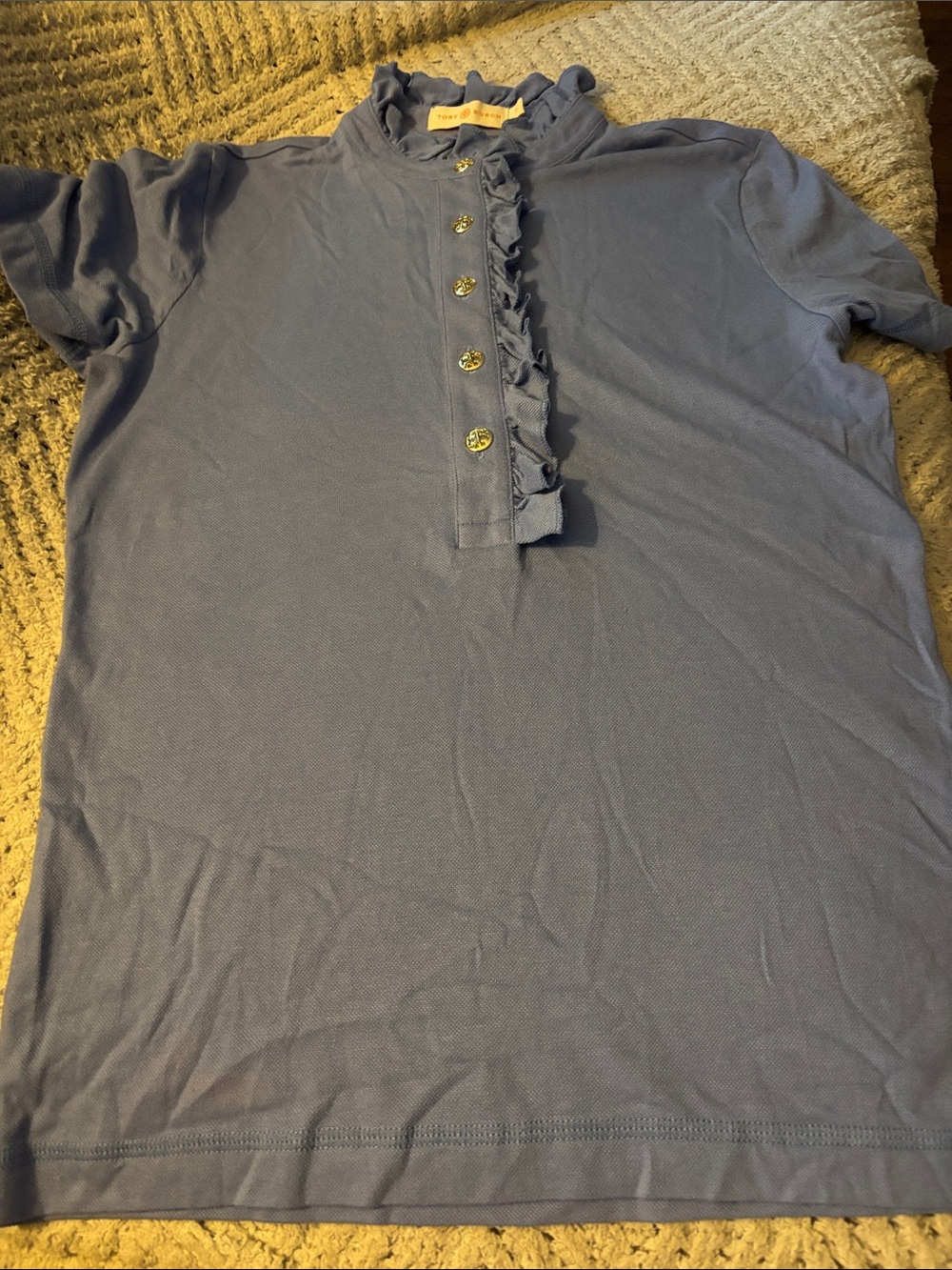 Tory Burch Periwinkle Blue Ruffled Polo with Gold-Tone Logo Button